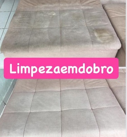 alt="Antes e depois da lavagem de sofá de tecido no Jardim das Vertentes - Limpeza em Dobro"